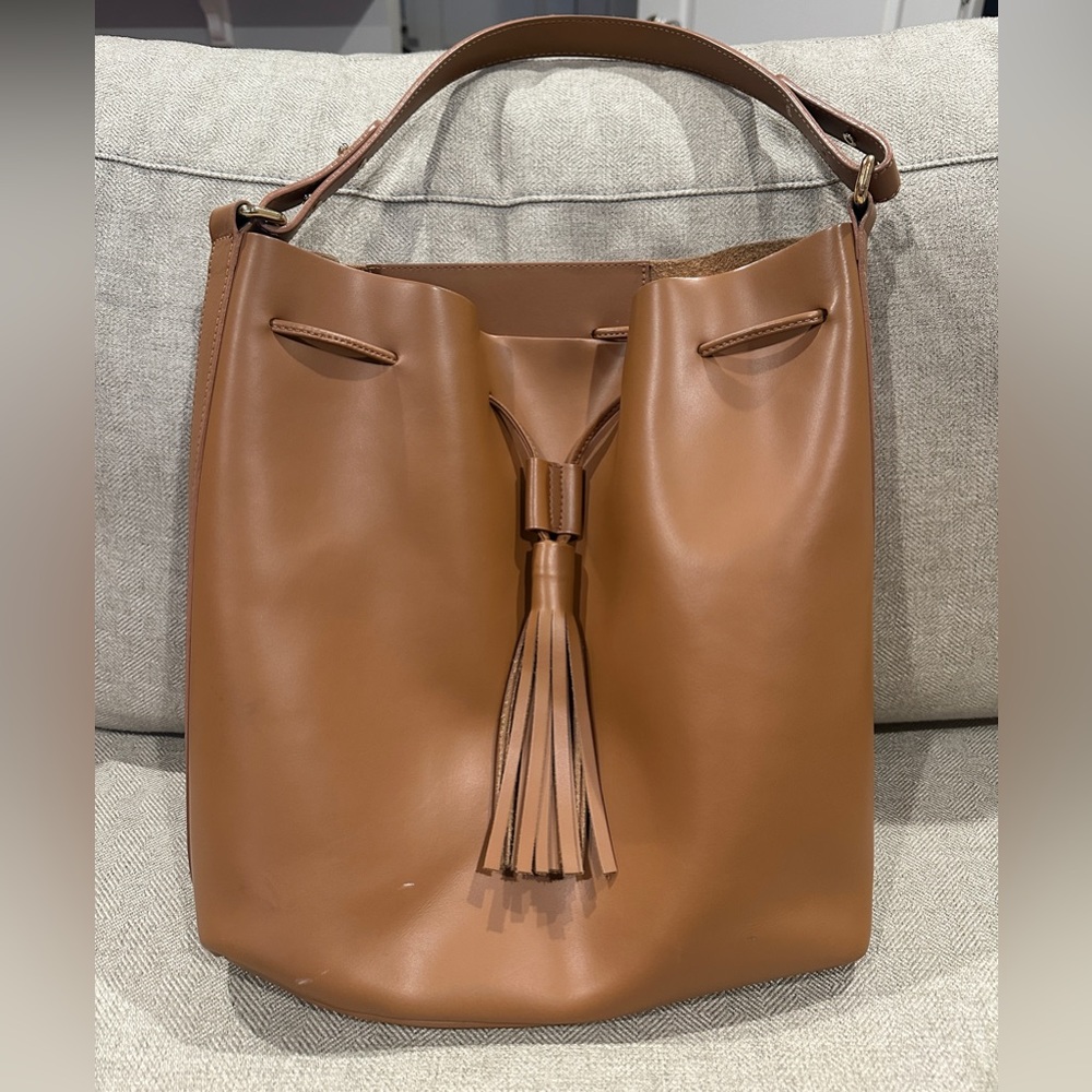 Elegant Tan Faux Leather Drawstring Tote Bag